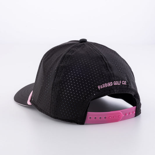 The Low Harpy Snap in Black with Pink/White rope, back view with pink snap