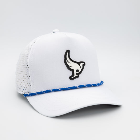 The Harpy Snap Rubber Patch snapback golf hat in White w/ Royal/White Rope