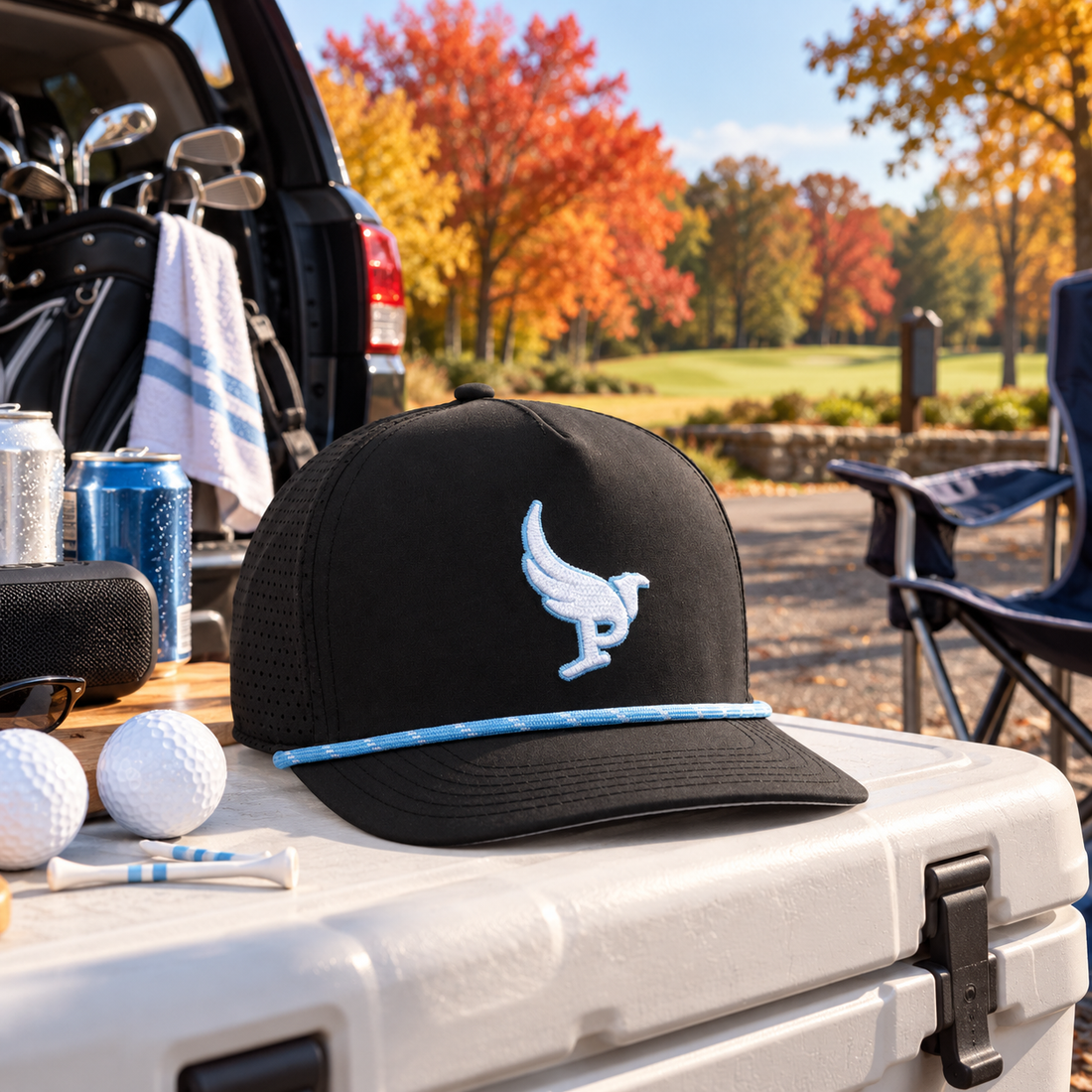 ParBird rope snapback at a fall golf trip tailgate