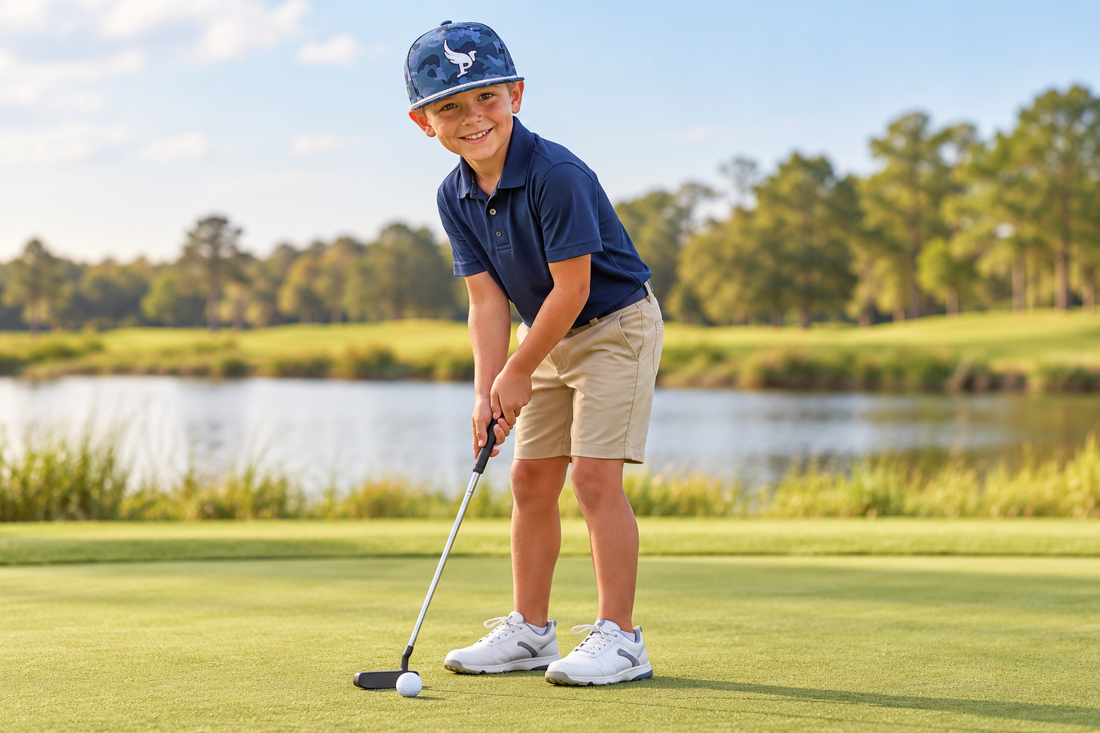 Junior golfer putting in The Weebill kids golf hat