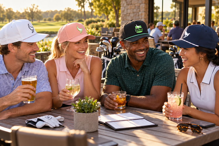 Friends on the clubhouse patio in ParBird snapbacks
