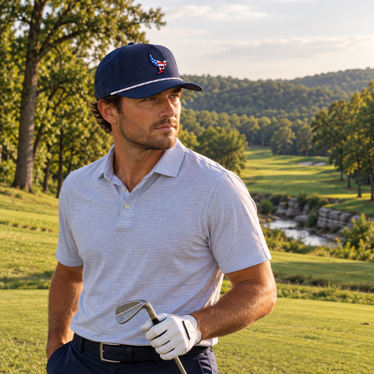 Golfer wearing The Eagle in Navy with the American flag ParBird patch on an Ozark tee box