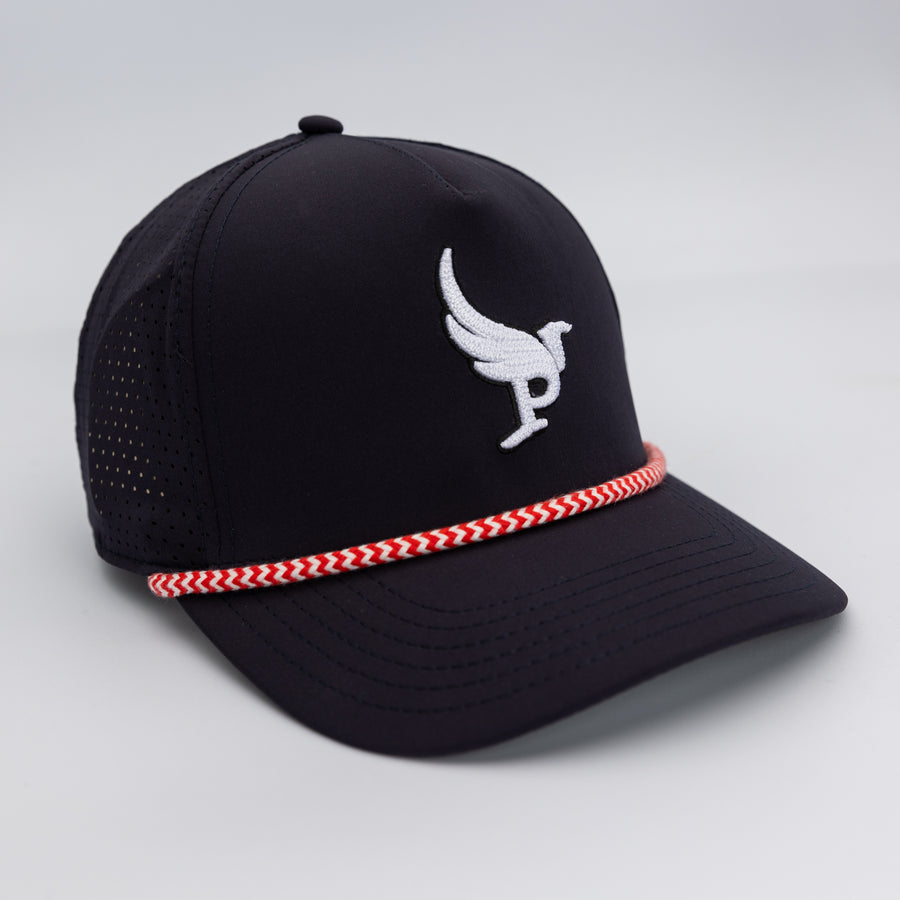 The Harpy Velcro rope golf hat in Navy w/ Scarlet/White Rope