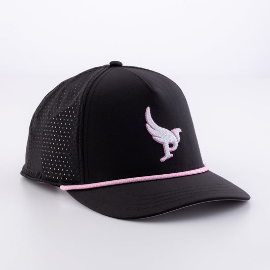 The Low Harpy Snap in Black with Pink/White rope, front view