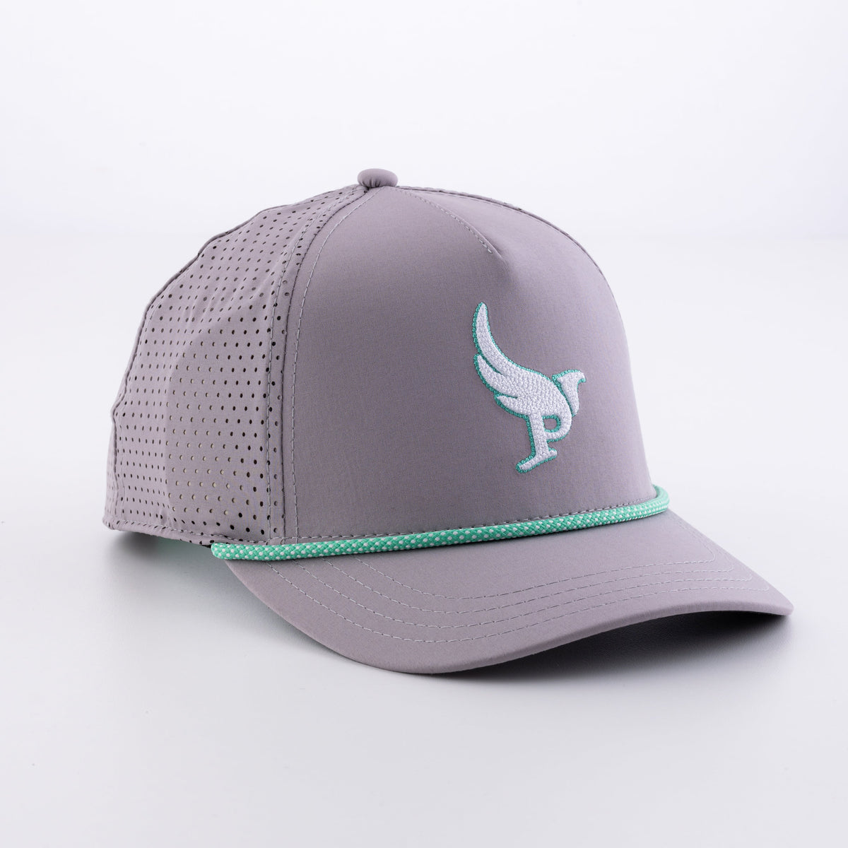 The Low Harpy Snap in Steel with Seafoam/White rope, front view