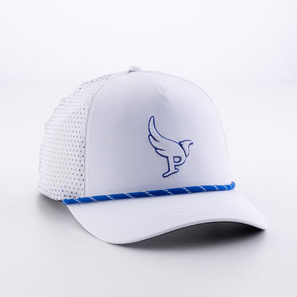 The Low Harpy Snap in White with Royal/White rope, front view