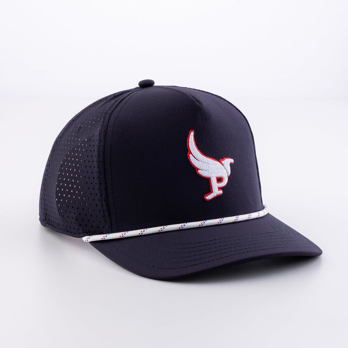 The Low Harpy Snap in Navy with White/Red/Royal rope, front view
