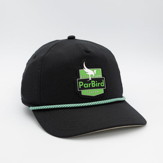 The Condor rope golf hat in Black w/ Green/White Rope
