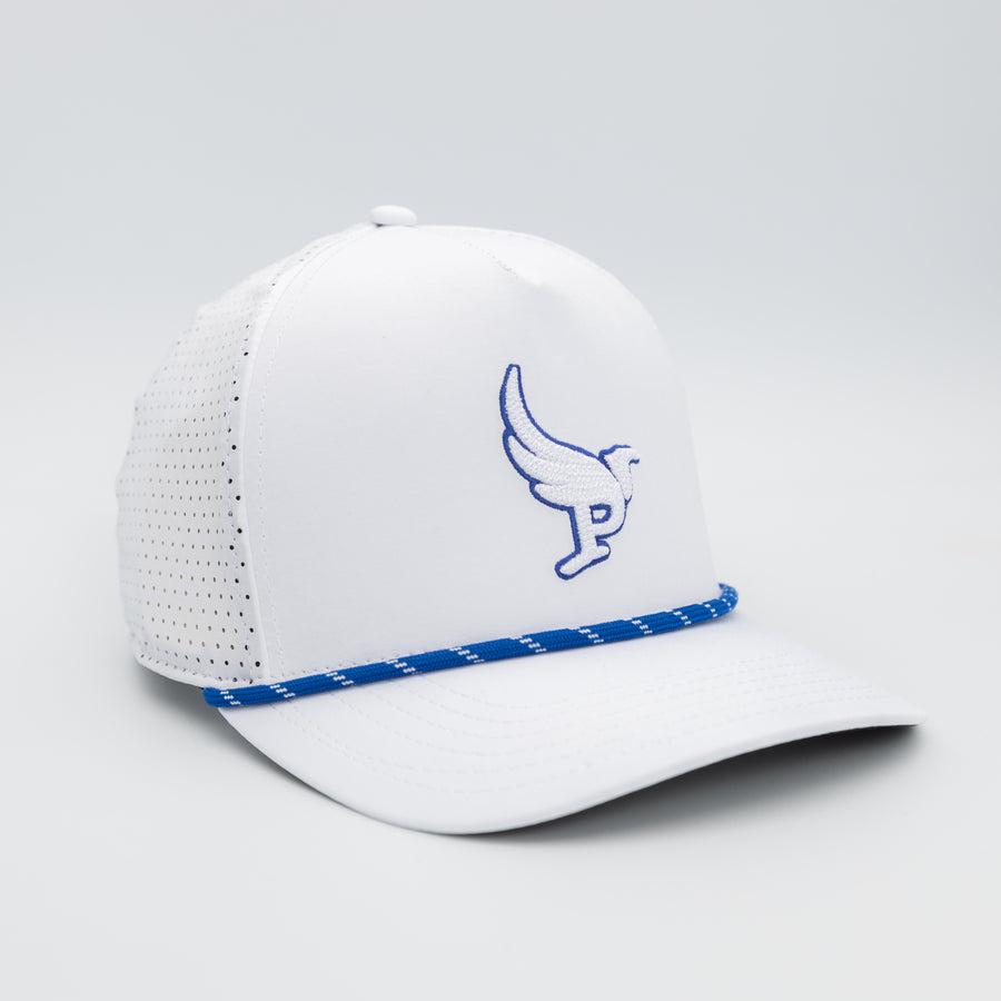The Harpy Snap snapback golf hat in White w/ Royal/White Rope