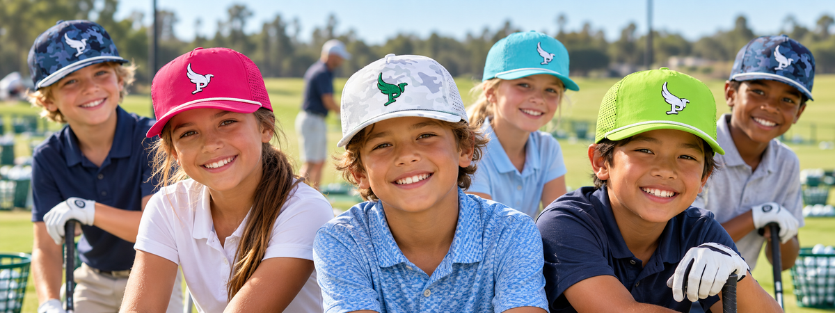 Junior golfers at the range in ParBird hats